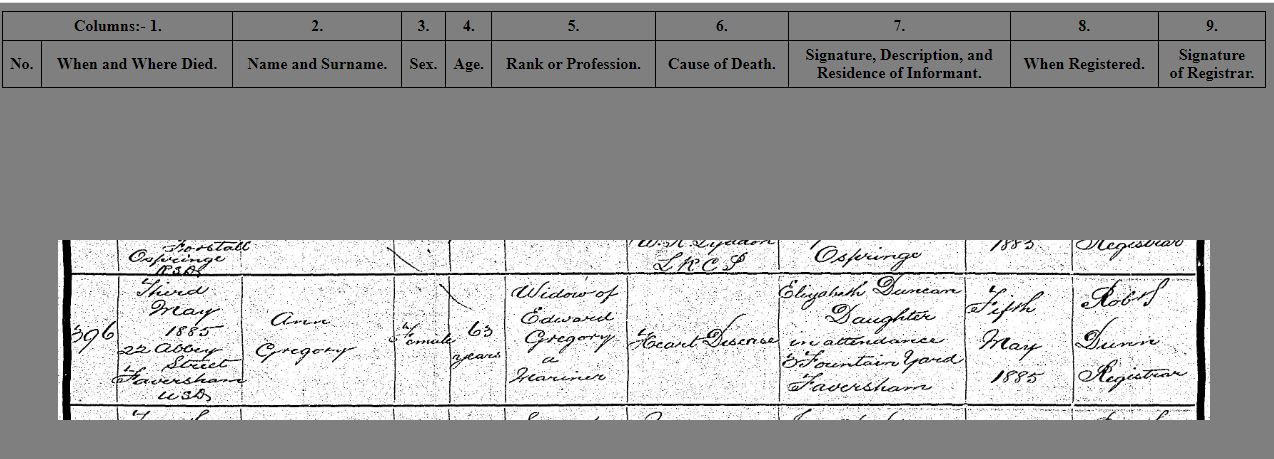 digital death certificate of Ann Gregory at Faversham, Kent, England